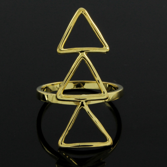 14K Yellow Gold Plt Triple Triangle Band Ring 6.5 - Picture 2 of 5